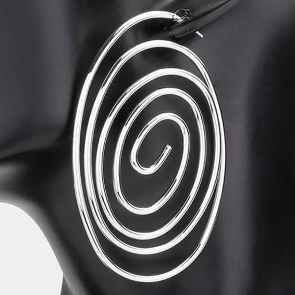 Silver Oval Swirl Design Hoop Metal Spiral Earrings 2.75 Cute Statement Jewelry - Picture 3 of 3